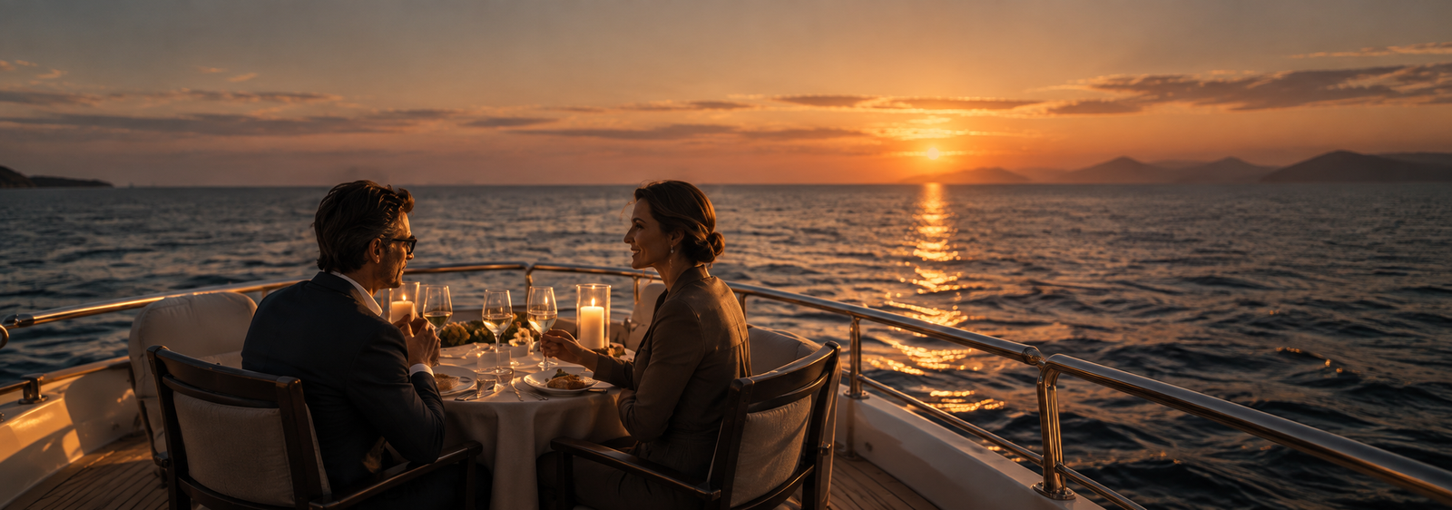A New York couple sharing a candlelit dinner beside the city skyline