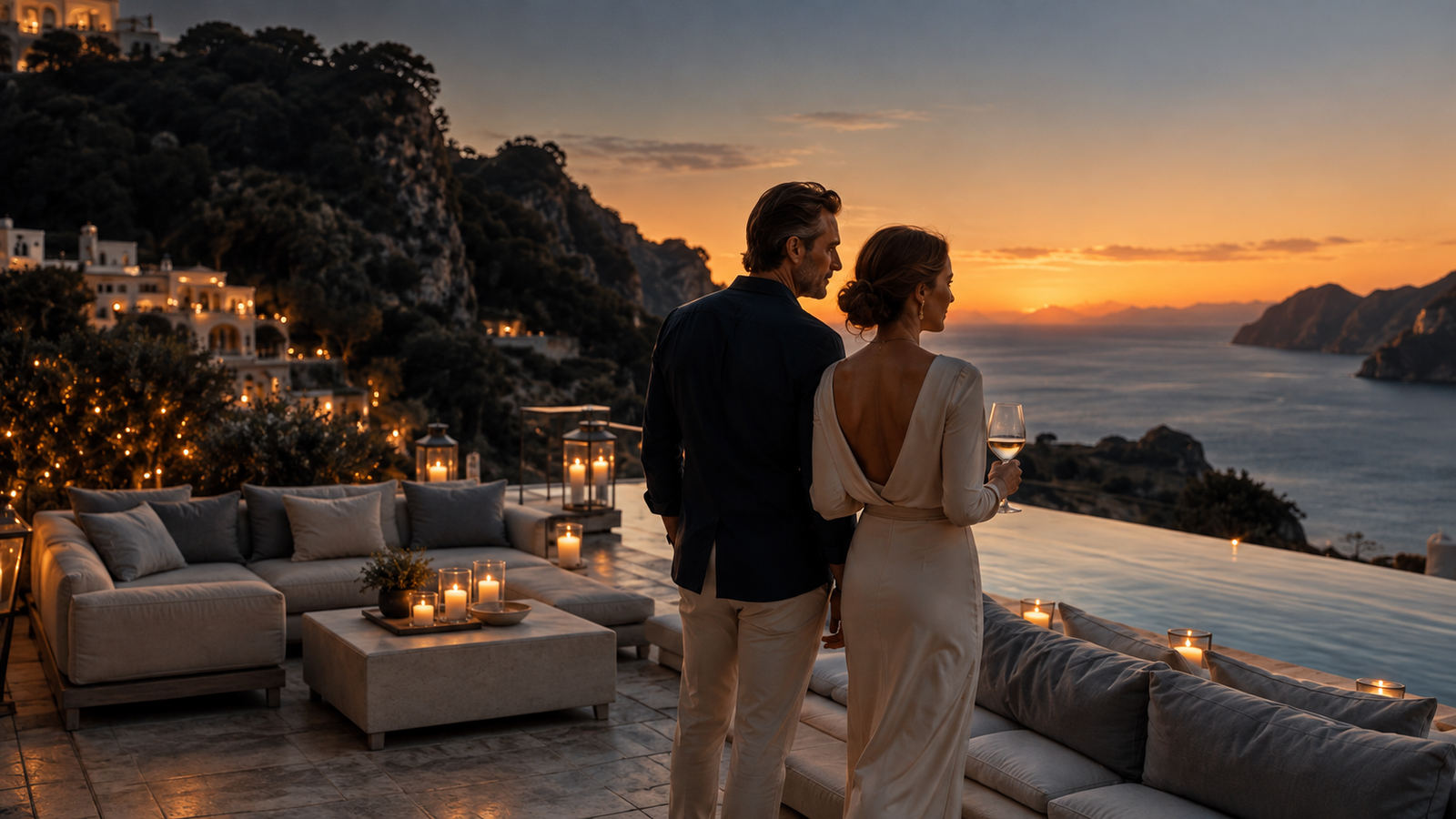 A sophisticated couple overlooking a coastal sunset